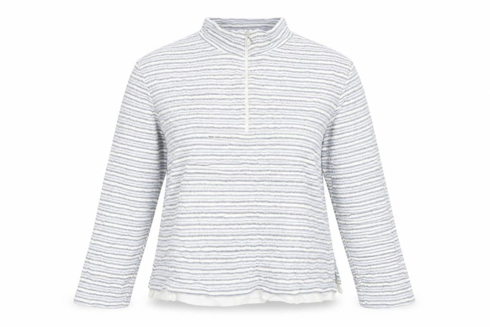 Front view of Bonmarché women’s blue striped henley sweatshirt, size M