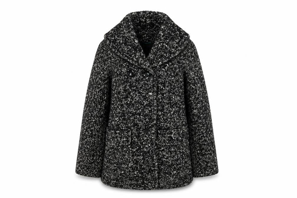 Front view of Next women’s black herringbone overcoat coat, size UK 10