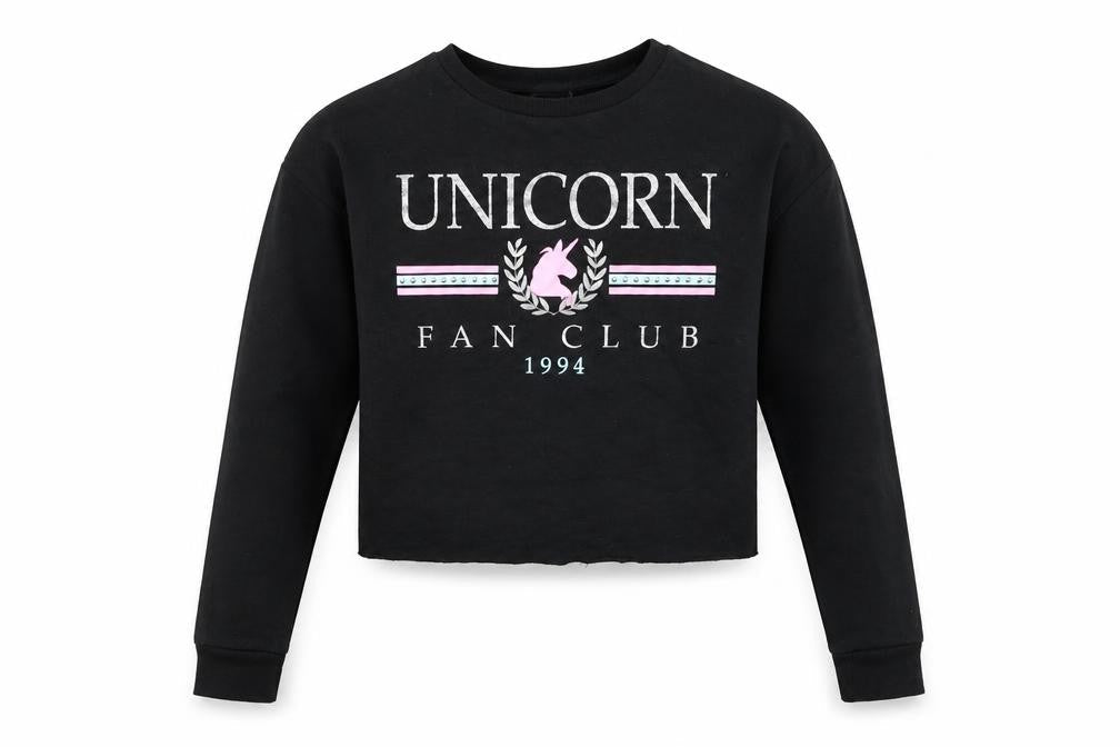 Front view of Primark girls’ black pullover sweatshirt, size 13-14, years - unicorn fan club
