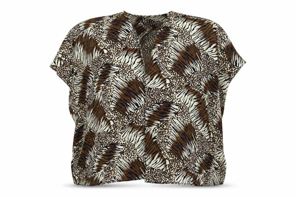 Front view of Preworn women’s beige animal print cape jumper, size M