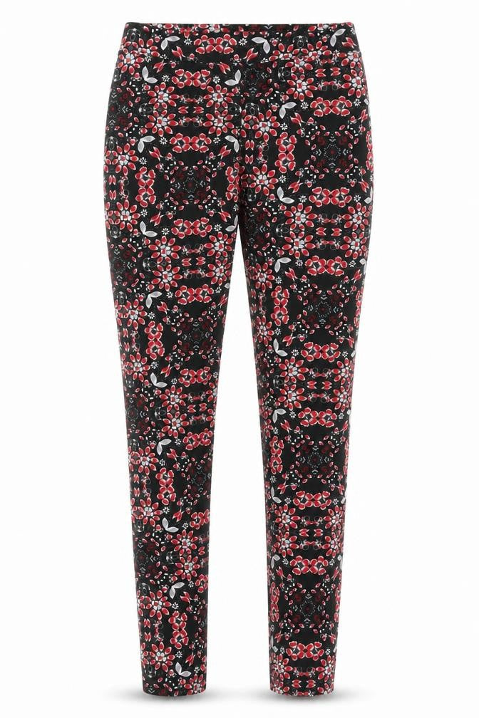 Front view of Bethany Mota women’s black floral carrot leggings, size XS, 28-inch leg
