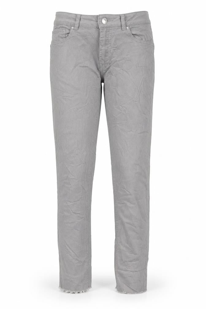 Front view of Bikbok women’s grey denim capri jeans, size S, 28-inch leg