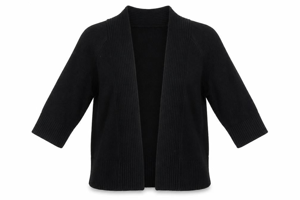 Front view of Vanilla Sands women’s black cardigan jumper, size UK 10