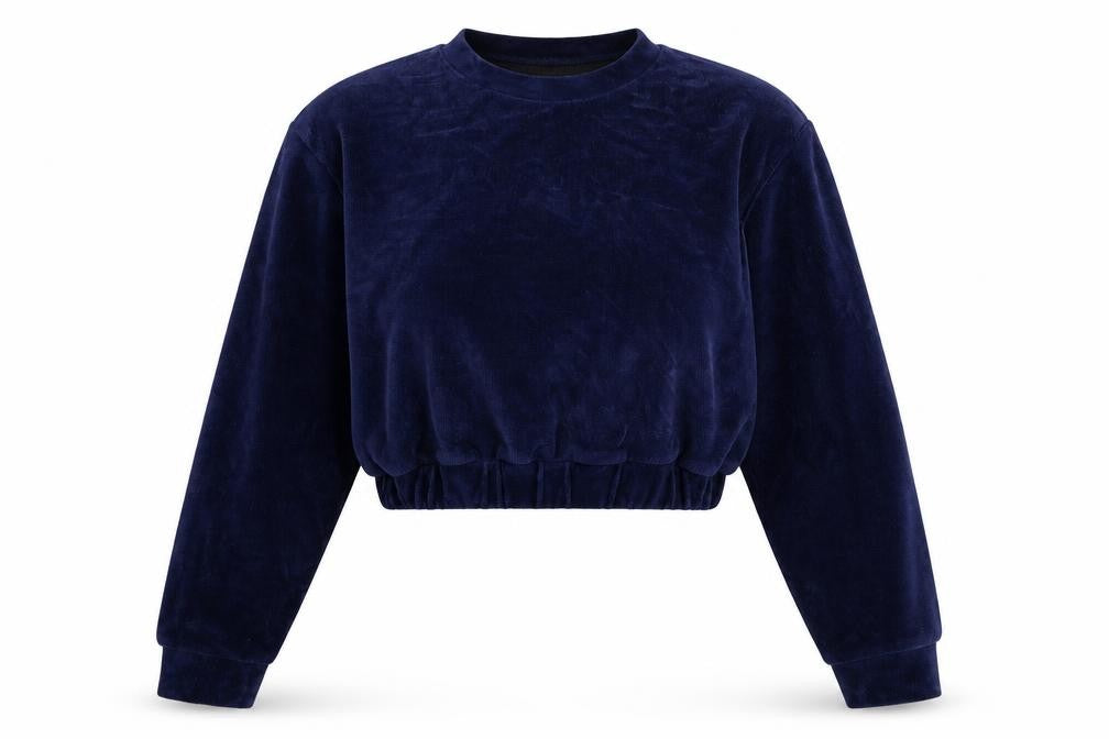 Front view of Evra women’s blue corduroy pullover sweatshirt, size L
