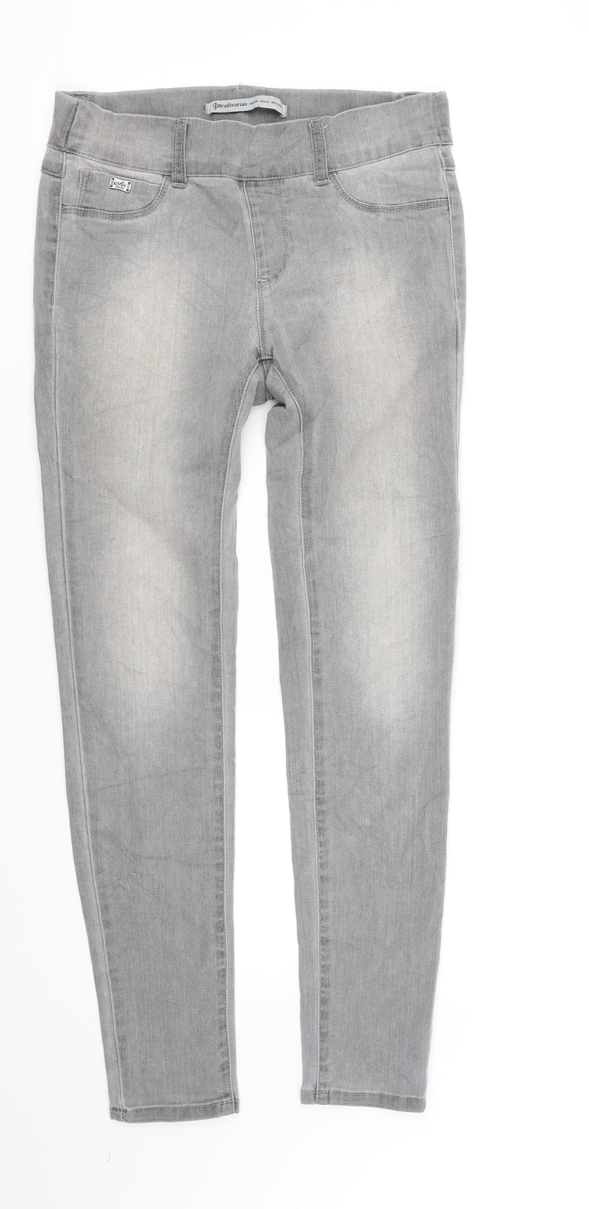 Additional front view of Stradavarius women’s grey houndstooth straight jeans, size UK 4, 30-inch leg