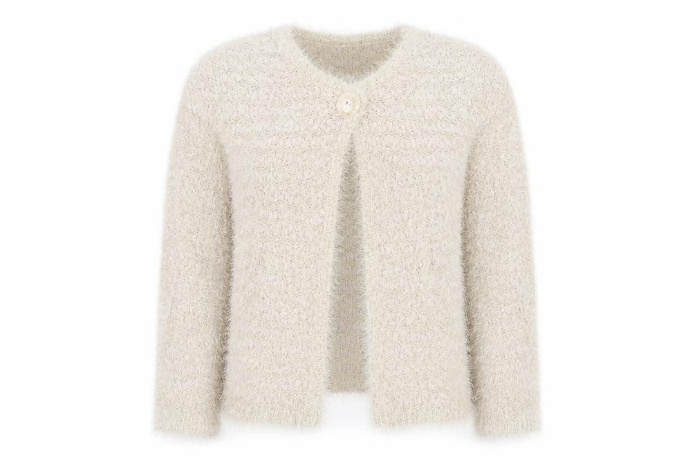 Front view of Damart women’s beige cardigan jumper, size M