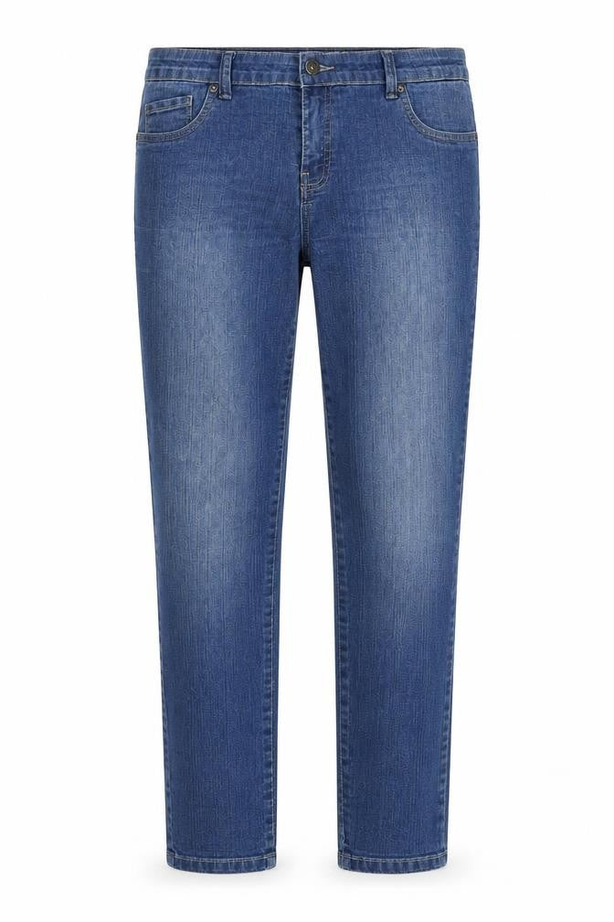 Front view of essential denim women’s blue straight jeans, size UK 34, in, 30-inch leg