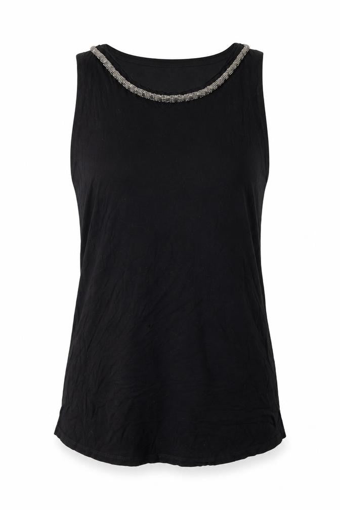 Front view of H&M women’s black jersey basic tank, size M, - embellished neckline
