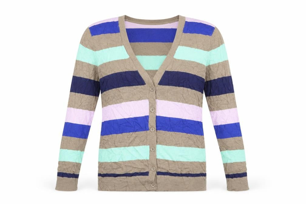 Front view of Gap women’s brown striped cardigan jumper, size S