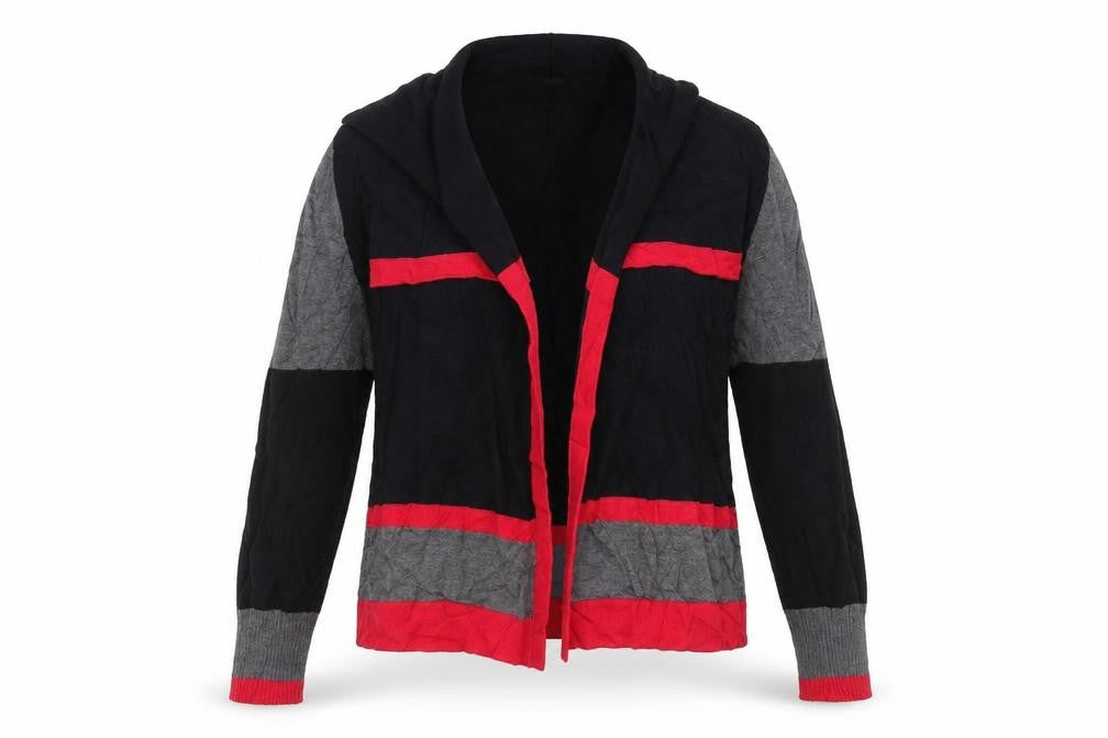 Front view of M&Co women’s black striped cardigan jumper, size M