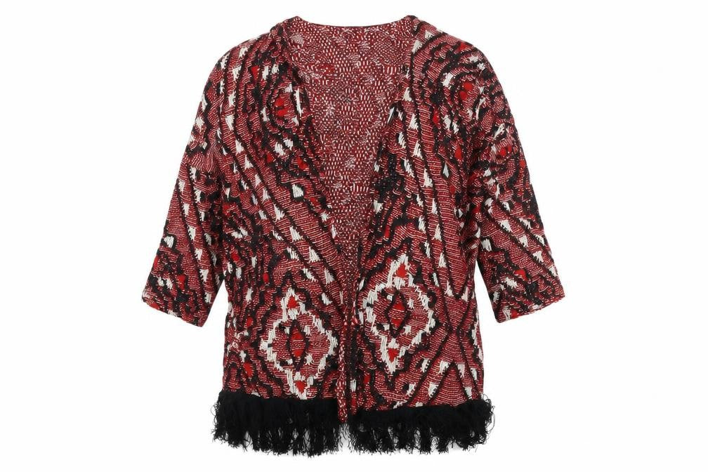 Front view of H&M women’s red geometric cardigan jumper, size S