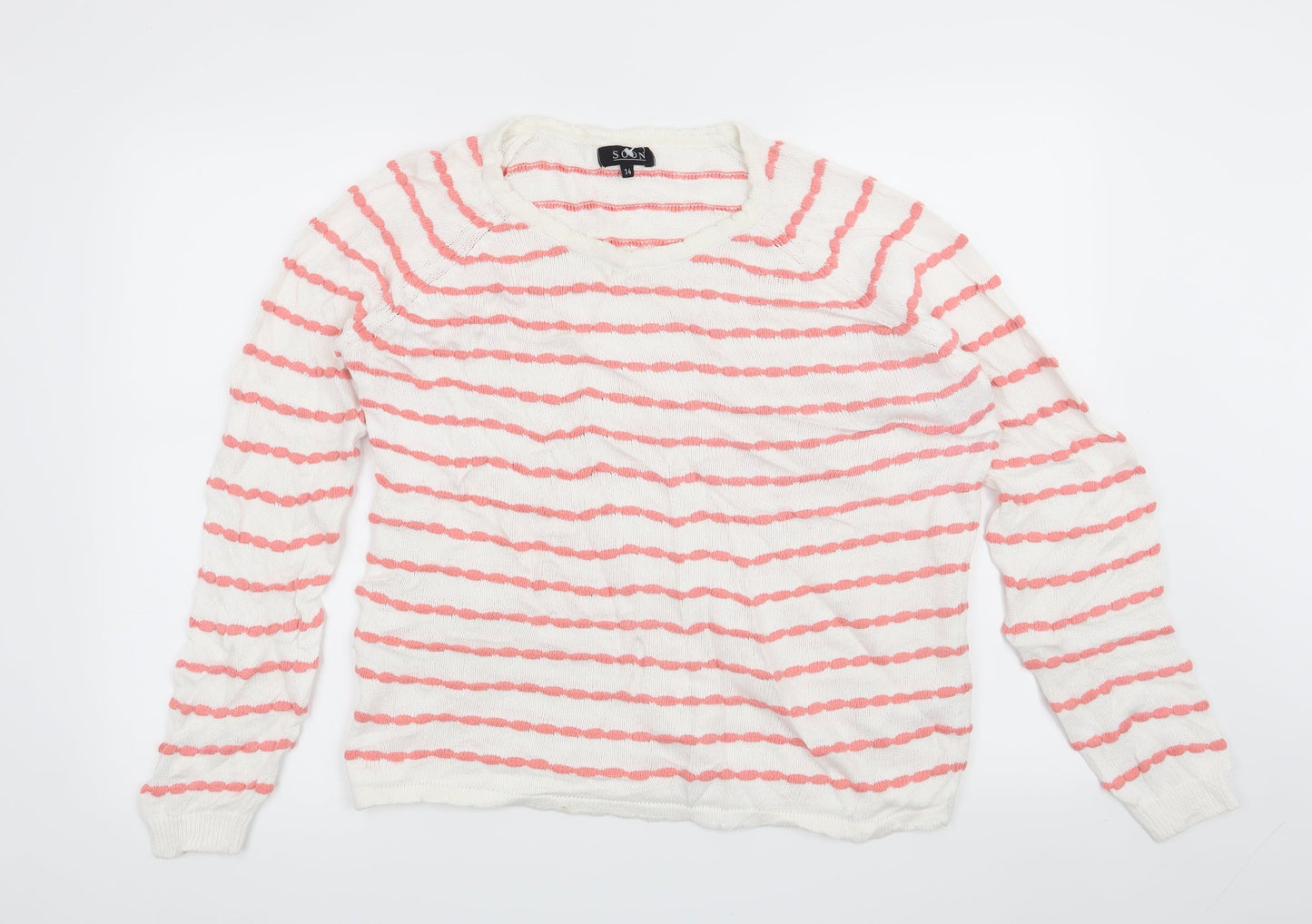 Soon Womens White Striped  Pullover Jumper Size 14