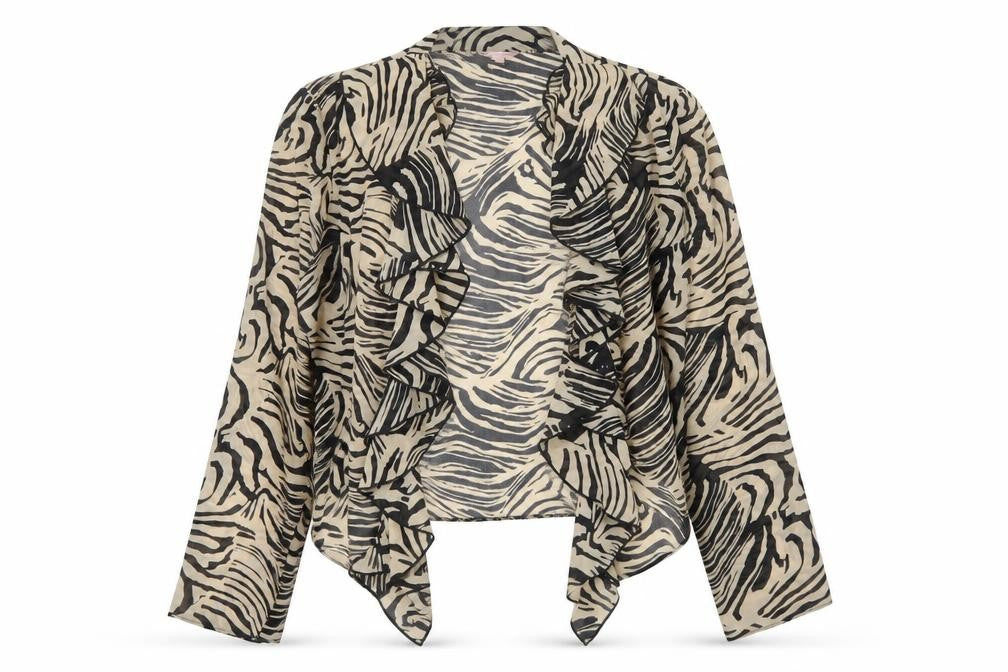 Front view of Per Una women’s brown animal print jacket, size UK 16, - striped