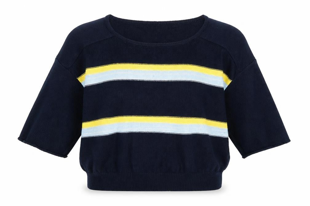Front view of Preworn women’s blue striped knit jumper, size L