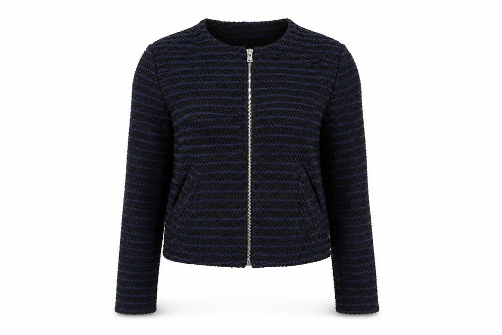 Front view of H&M women’s blue striped full zip jumper, size S