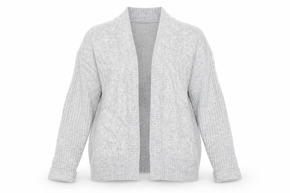 Front view of Miss Selfridge women’s grey cardigan jumper, size S