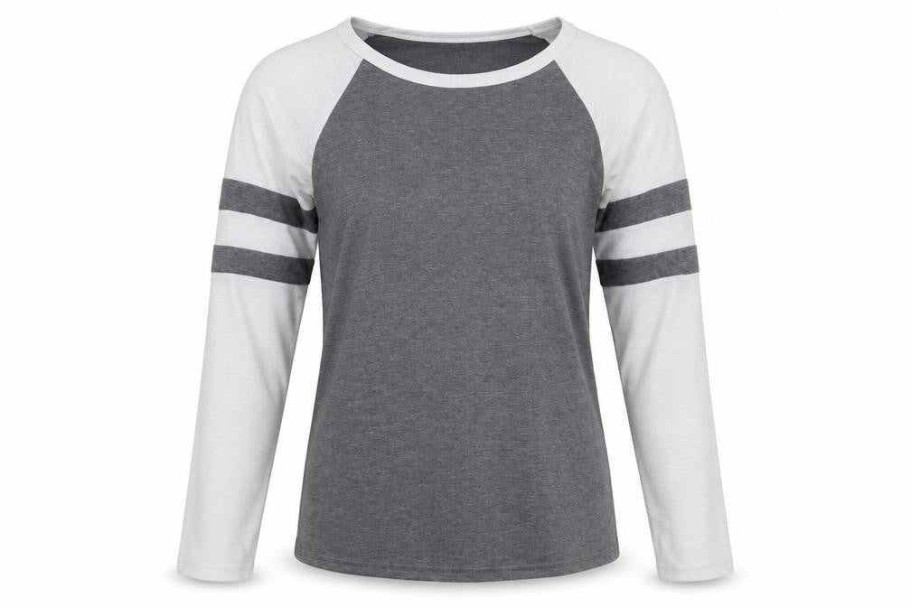 Front view of Yoins women’s grey basic blouse, size UK 6, - stripes on sleeves