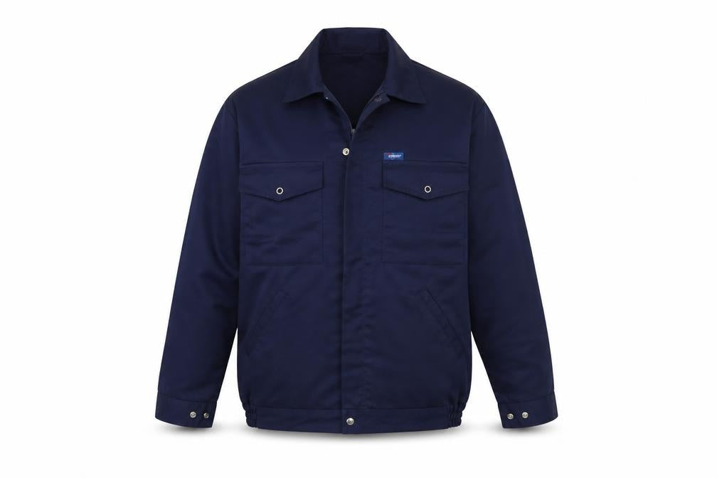 Front view of Eurostar men’s blue jacket, size M