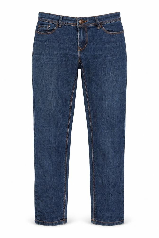 Front view of women’s blue straight jeans, size UK 34, 28-inch leg - zip