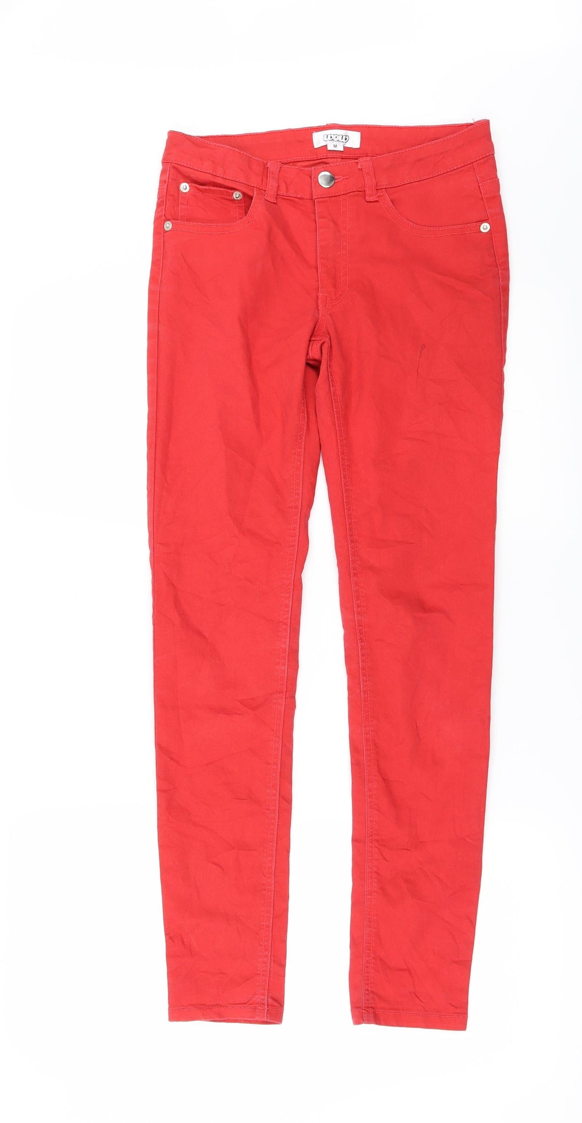 Additional front view of WOW women’s red straight jeans, size M, 27-inch leg - zip