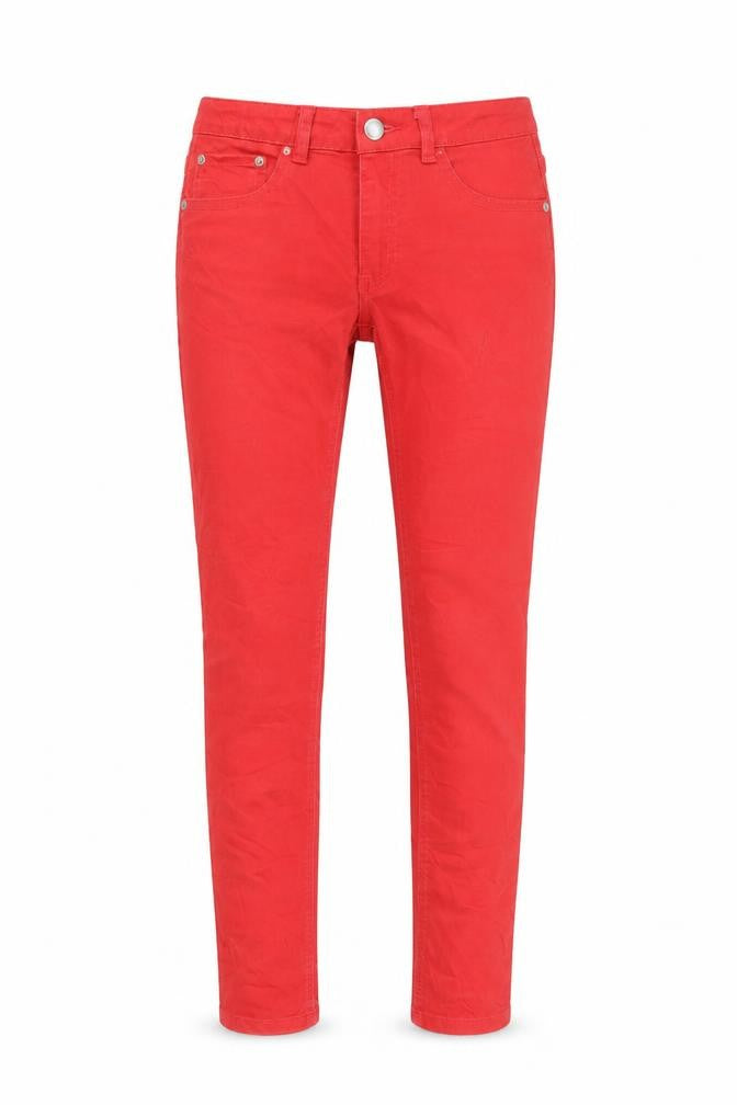 Front view of WOW women’s red straight jeans, size M, 27-inch leg - zip