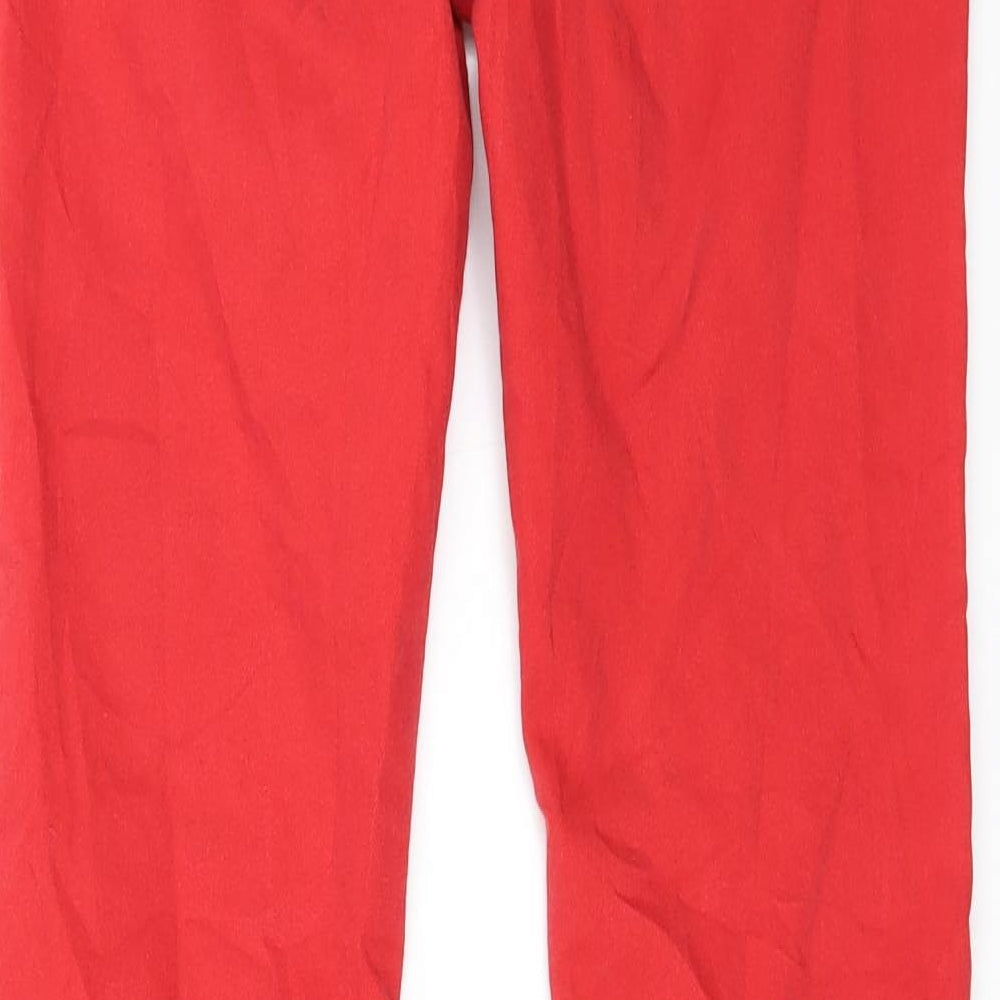 Brand and care label for WOW women’s red straight jeans, size M, 27-inch leg - zip