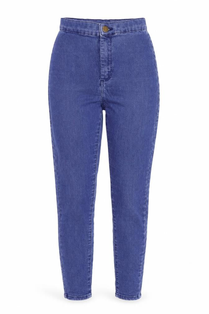 Front view of Topshop women’s blue skinny jeans, size UK 25, in, 30-inch leg