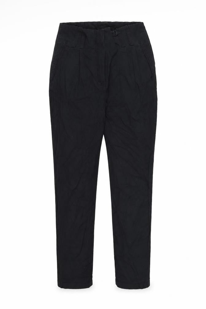 Front view of H&M women’s black trousers, size UK 8, 29-inch leg - paper bag waist