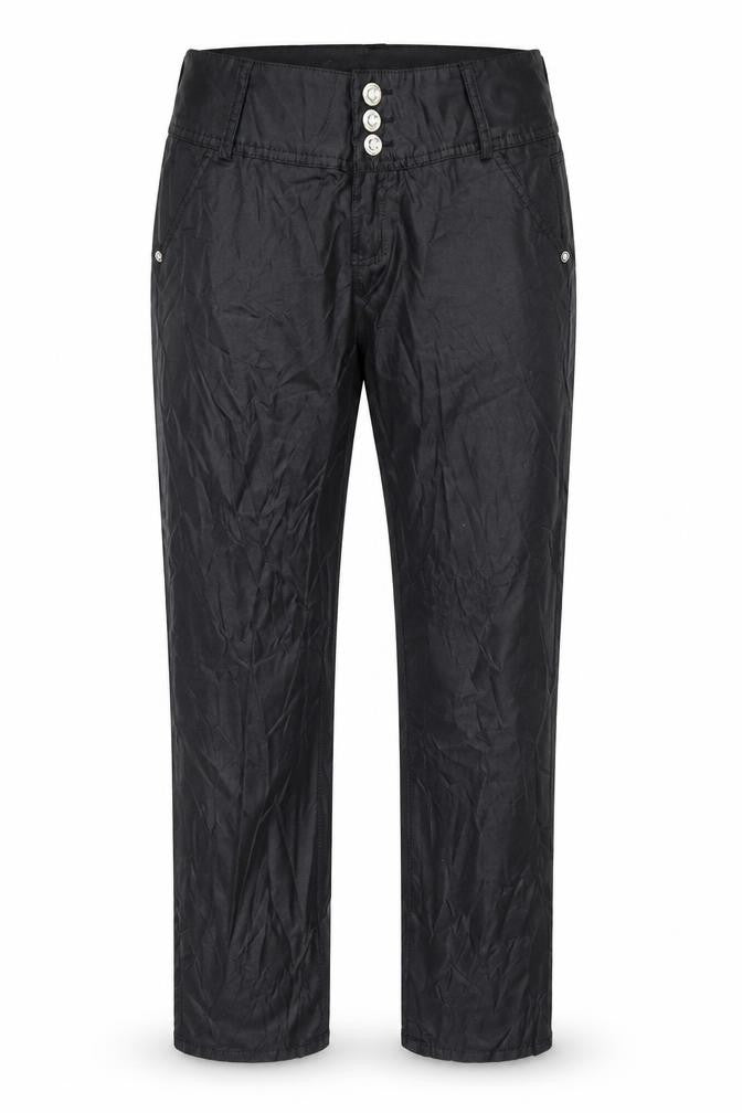 Front view of CTM moda women’s black trousers, size UK 29, in, 30-inch leg - wet look