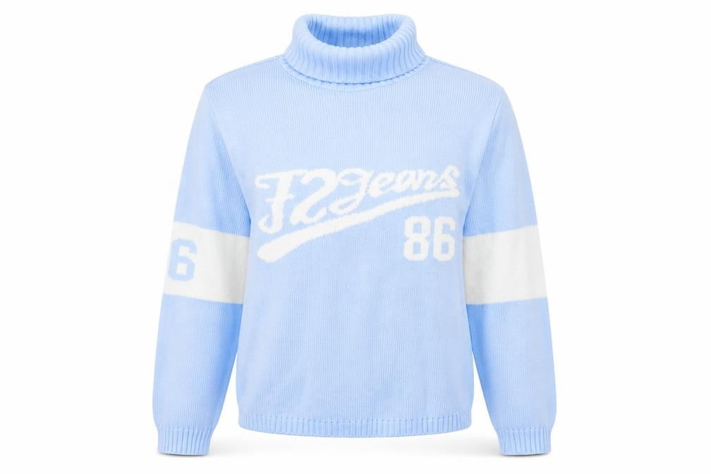 Front view of F2 women’s blue jumper, size M