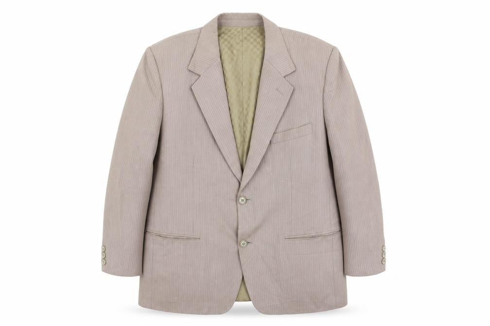 Front view of Metro Tailers men’s brown striped jacket suit jacket, size 42