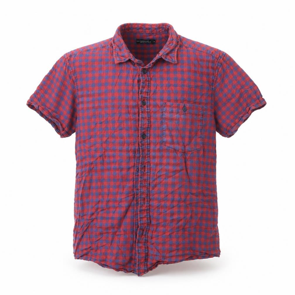 Front view of Cedarwood State men’s red check button-up, size M