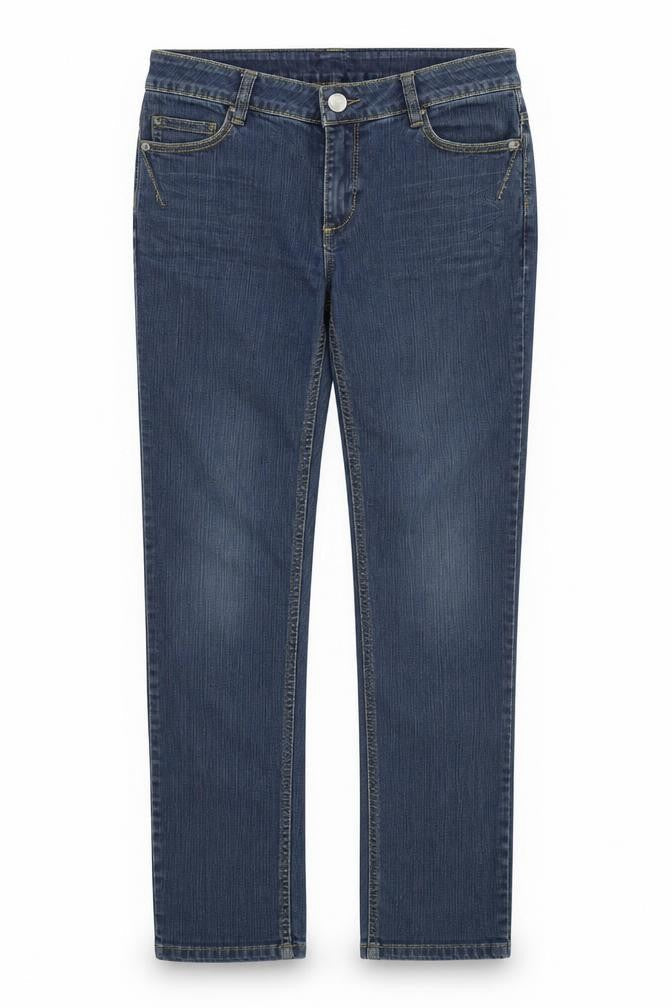 Front view of women’s blue straight jeans, size XL, 33.5-inch leg