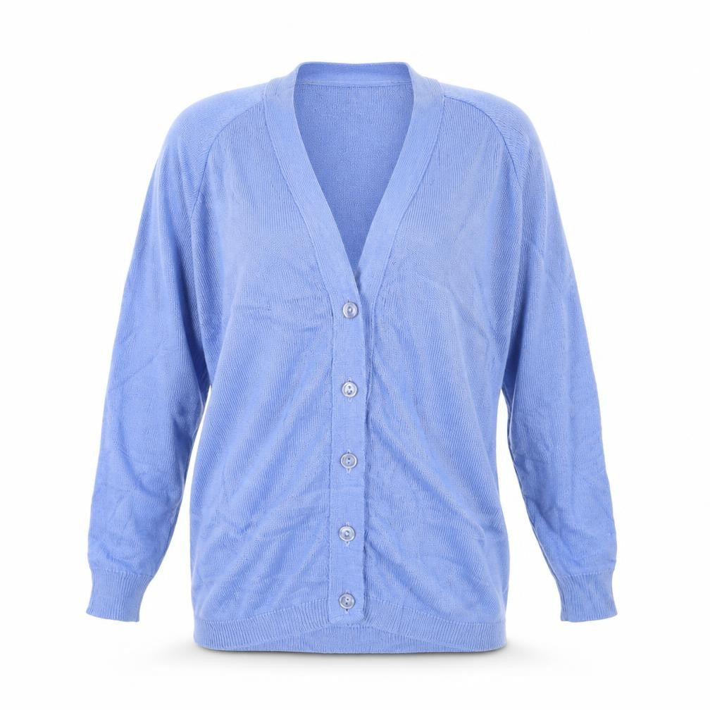 Front view of Heritage Dimension women’s blue cardigan jumper, size S