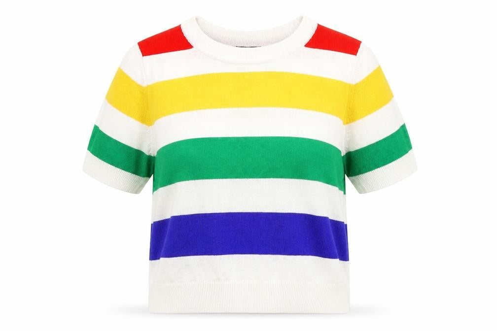 Front view of New Look women’s multicoloured striped jumper, size UK 10, - cropped