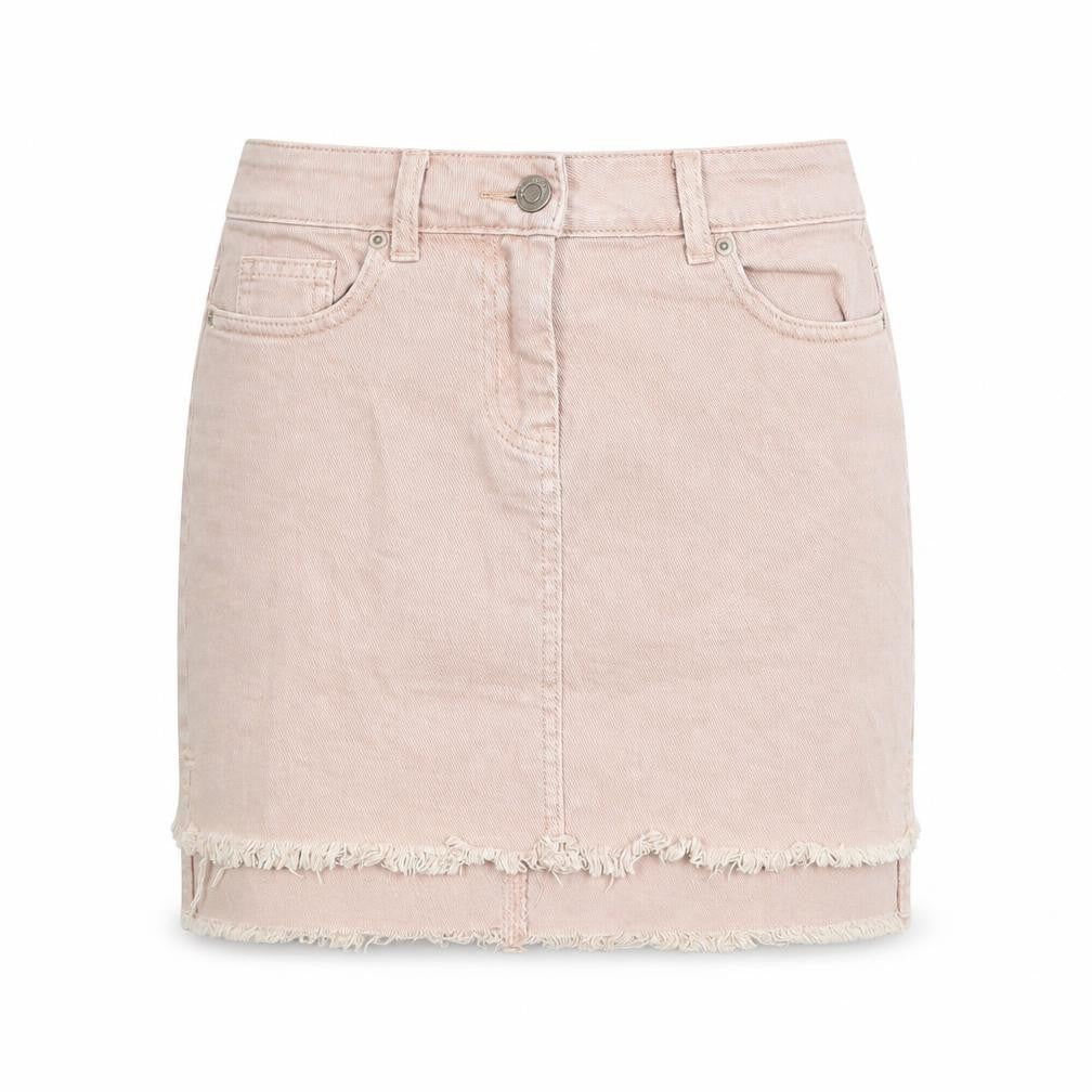 Front view of Next women’s pink denim a-line skirt, size UK 6