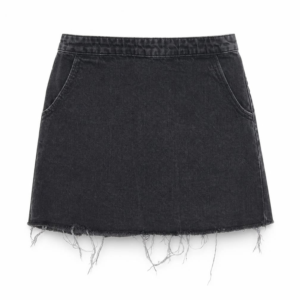 Front view of Topshop women’s black denim a-line skirt, size S