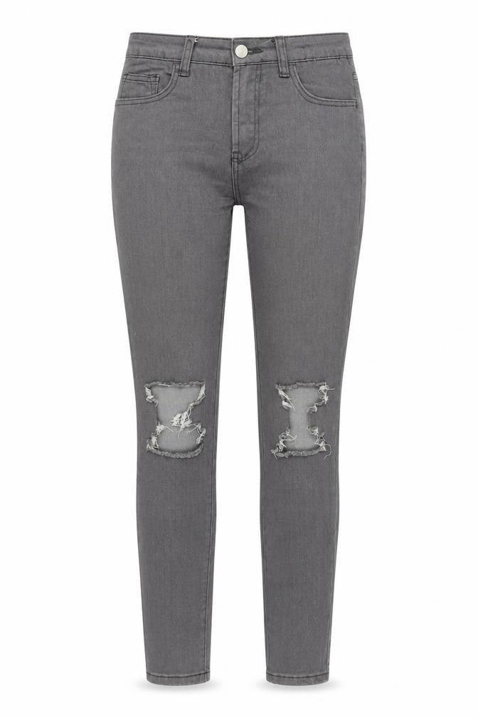 Front view of MOMOKROM women’s grey skinny jeans, size UK 10, 27-inch leg - ripped jeans