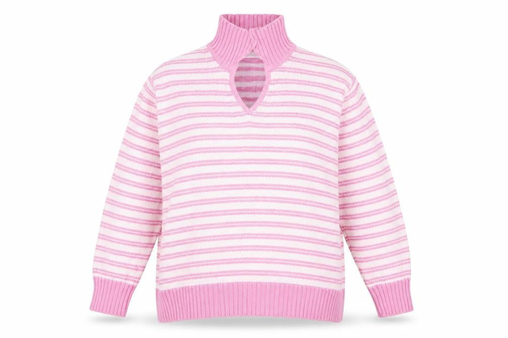 Front view of EWM women’s pink striped jumper, size L