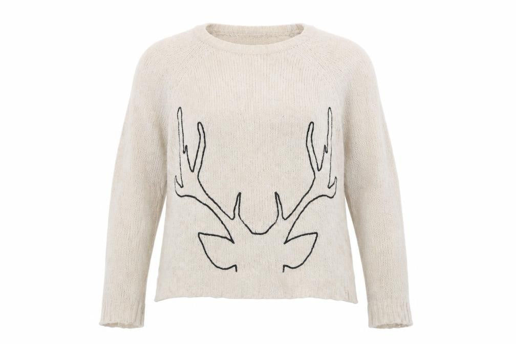Front view of Dorothy Perkins women’s beige jumper, size UK 12, - antlers