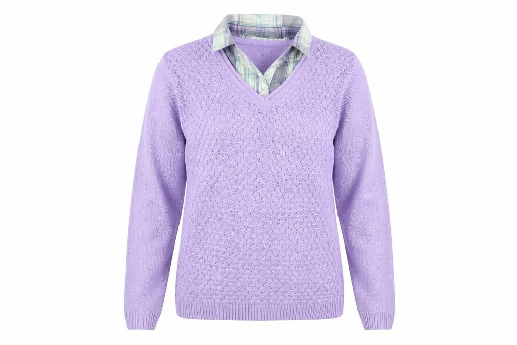 Front view of Isle Essentials women’s purple jumper, size UK 12