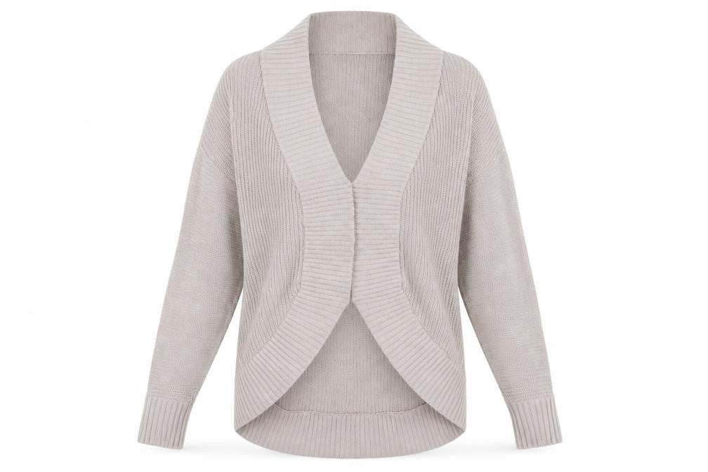 Front view of Warehouse women’s beige knit cardigan jumper, size UK 10