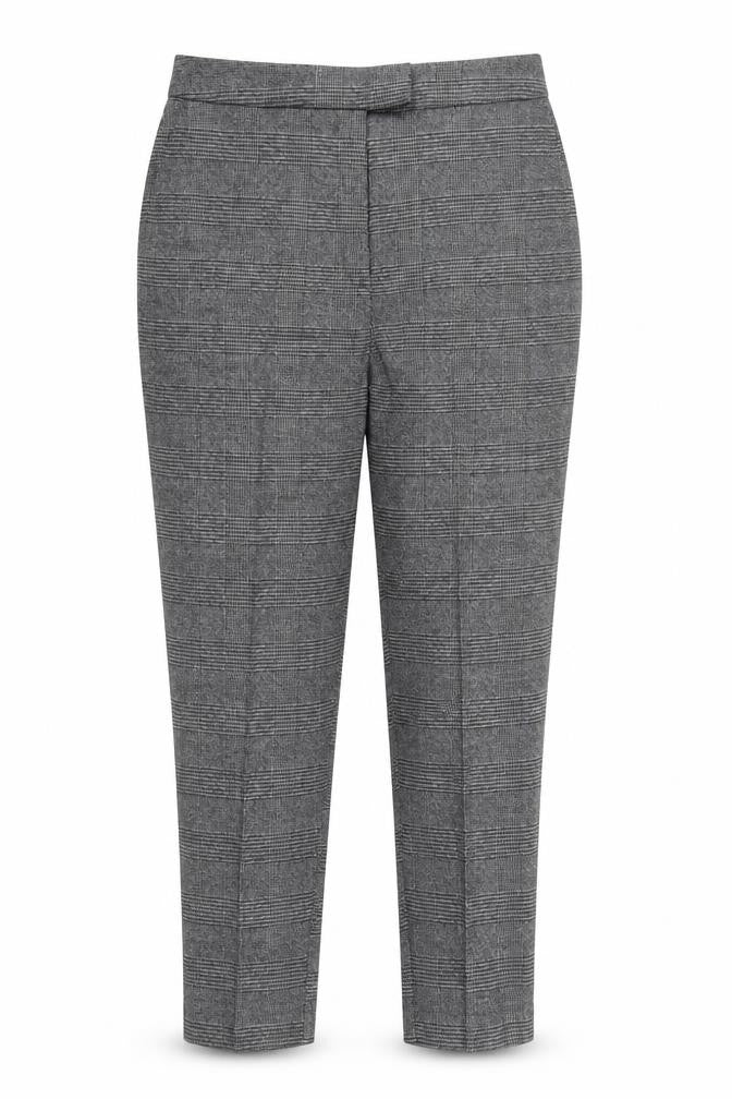 Front view of Preworn women’s grey check trousers, size UK 36, in, 27-inch leg