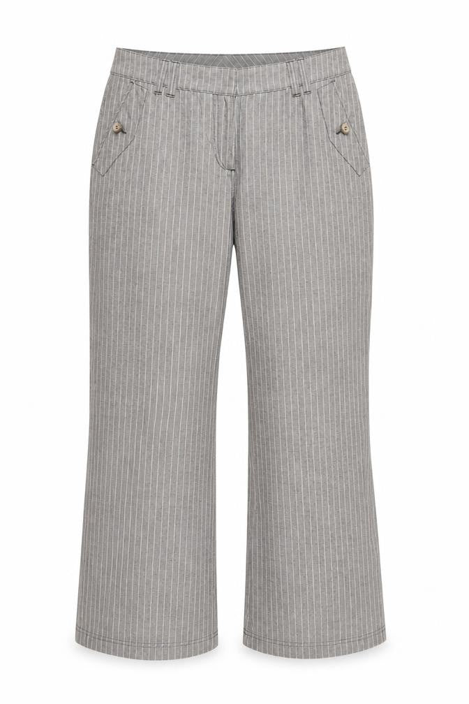Front view of Preworn women’s grey striped trousers, size UK 34, in, 28-inch leg