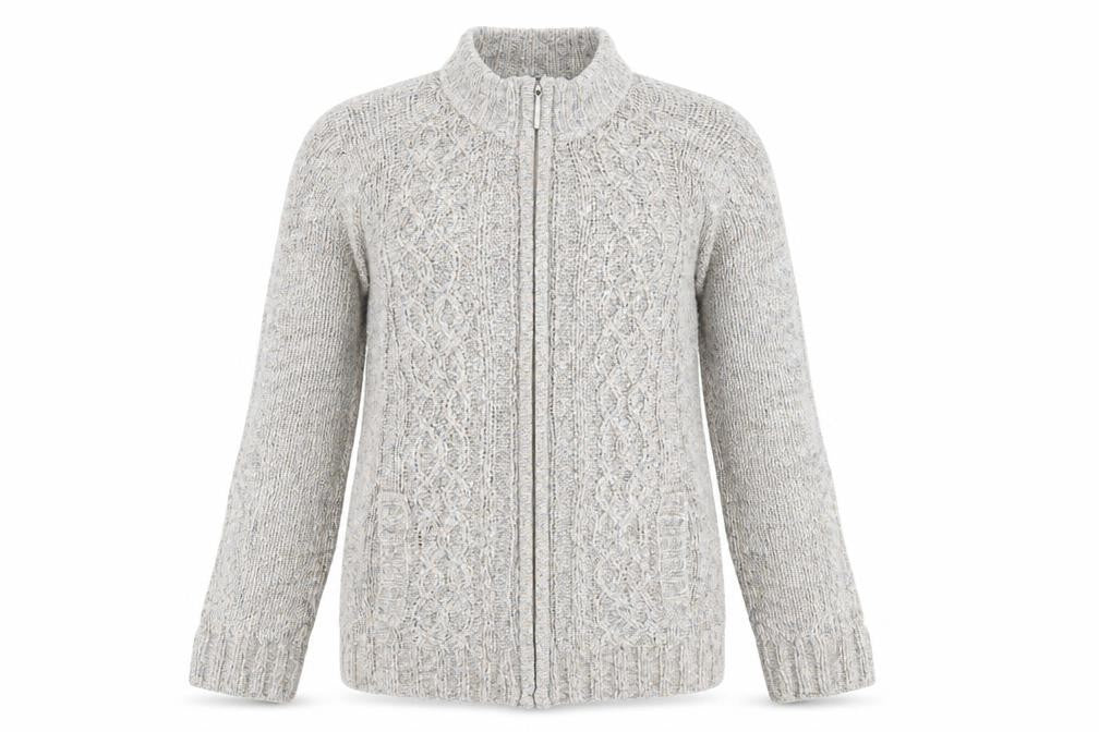 Front view of Bonmarché women’s grey knit full zip jumper, size S