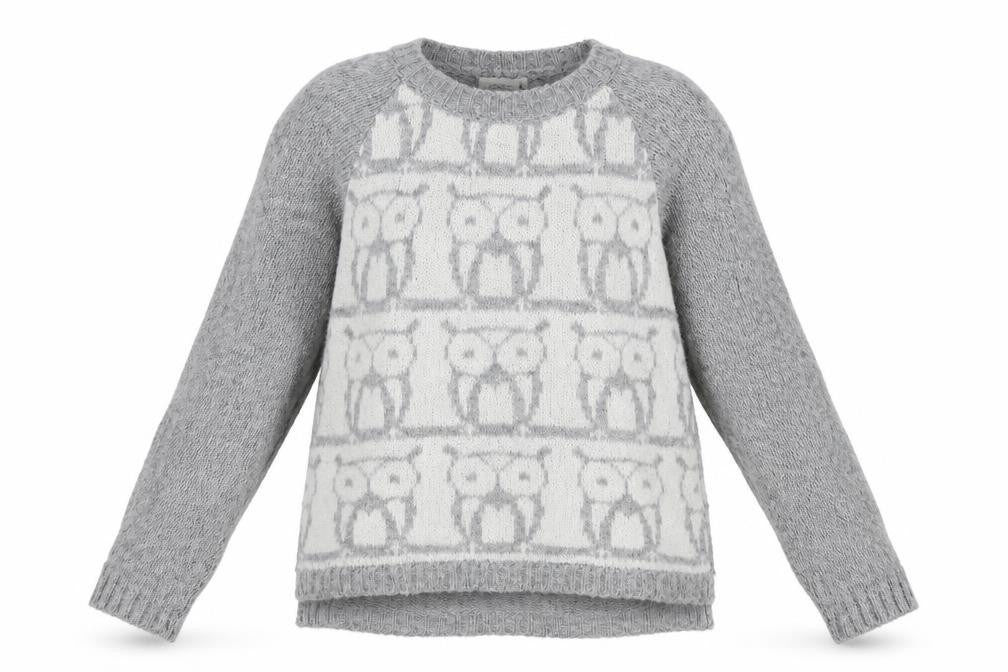 Front view of New Look women’s grey geometric knit jumper, size UK 10, - owl