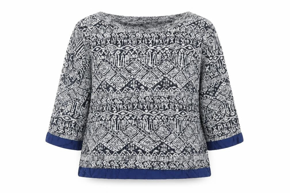 Front view of Pour Moi women’s blue geometric knit jumper, size L