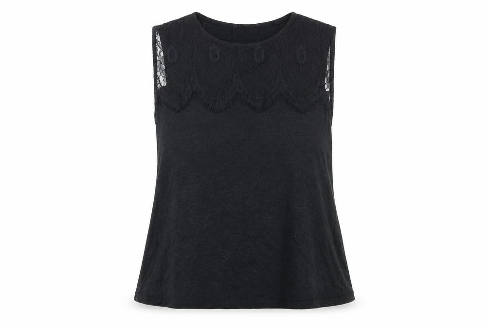 Front view of Topshop women’s black jersey basic tank, size UK 8, - lace detail
