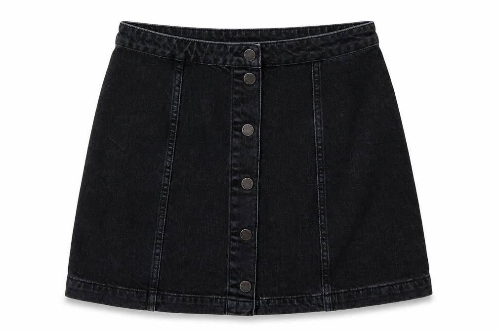 Front view of Topshop women’s black denim a-line skirt, size UK 28, in
