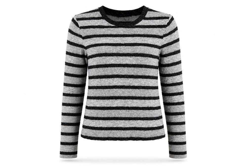 Front view of Marks & Spencer women’s grey striped jumper, size UK 8